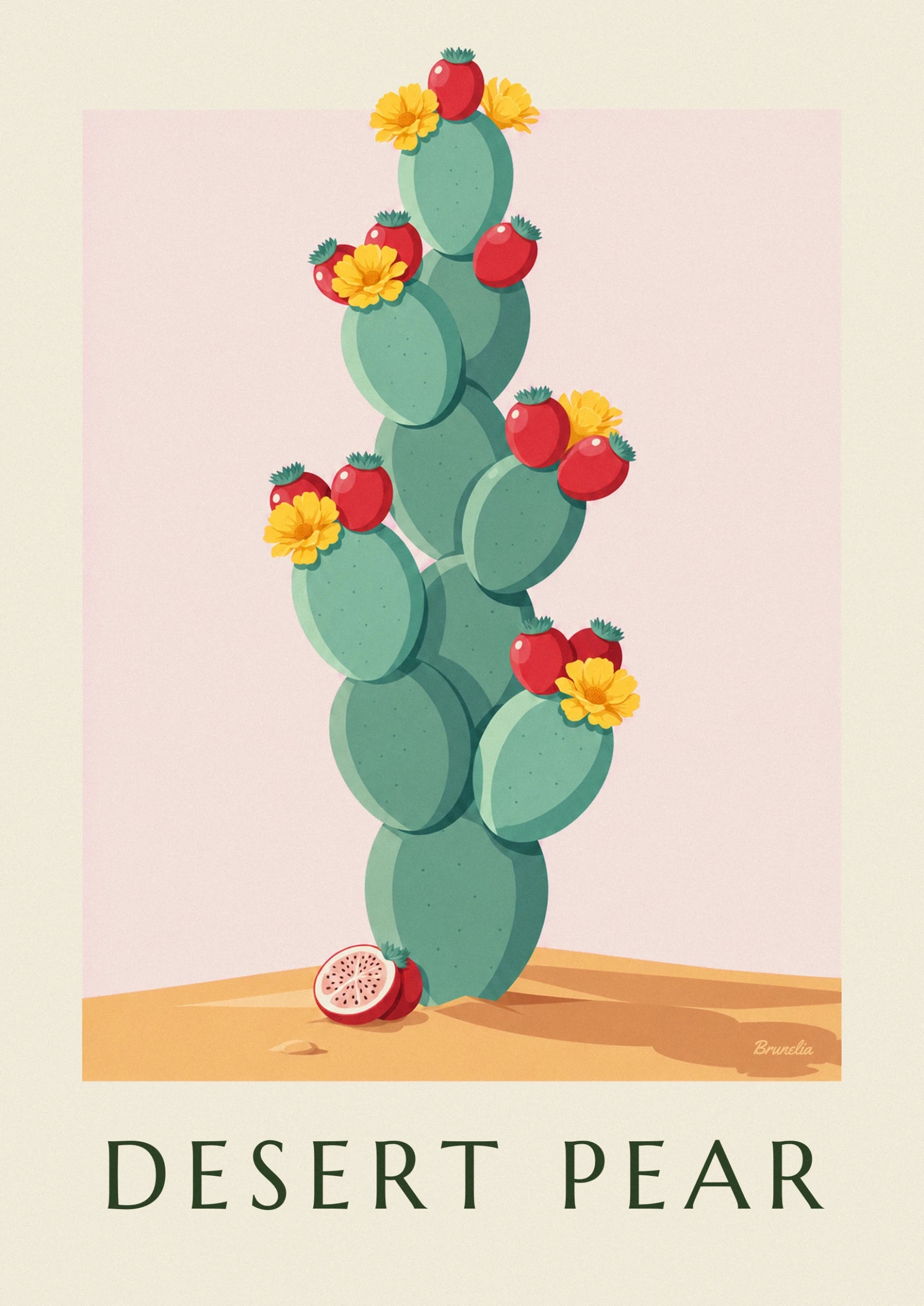 Le pale verde mare del cactus, i suoi frutti rossi e un fiore giallo in piena fioritura