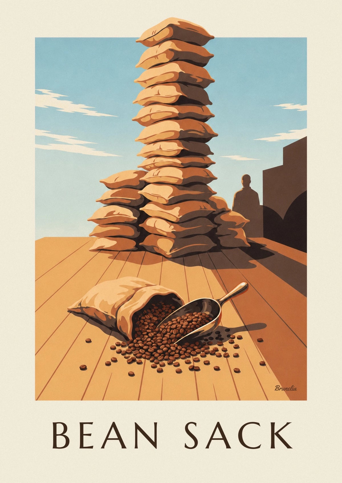 Roasted coffee beans and open burlap sack poster