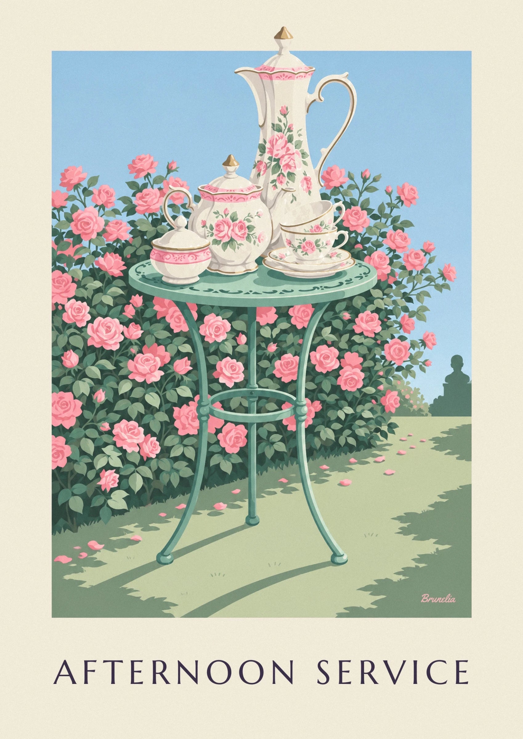 The porcelain teapot and sugar bowl with pink roses on the green garden table
