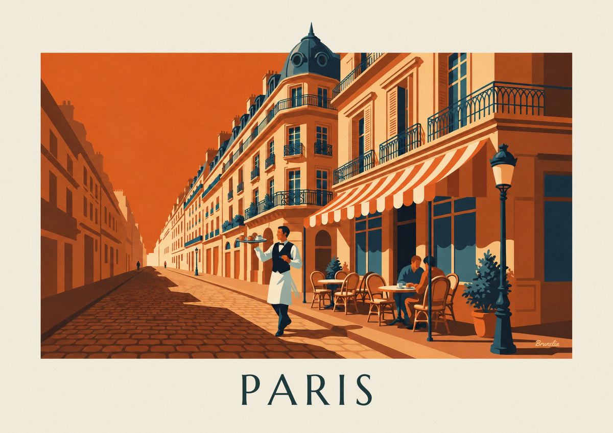Café waiter with tray on a Paris terrace poster