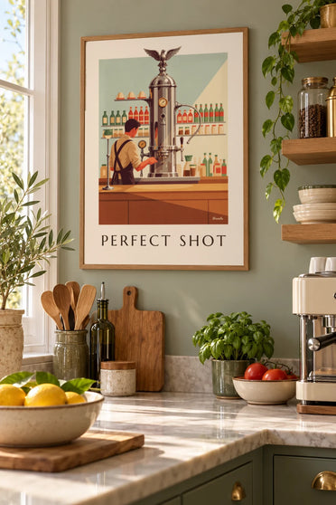 Poster macchina per espresso a leva sul bancone di un bar italiano: incorniciato alla parete