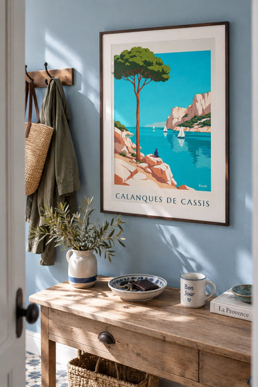 Poster delle calanques di Cassis e dell'acqua turchese: con cornice appeso al muro