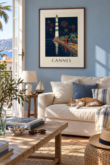 Poster of a couple under the palm trees of Cannes on a fireworks night: framed on the wall