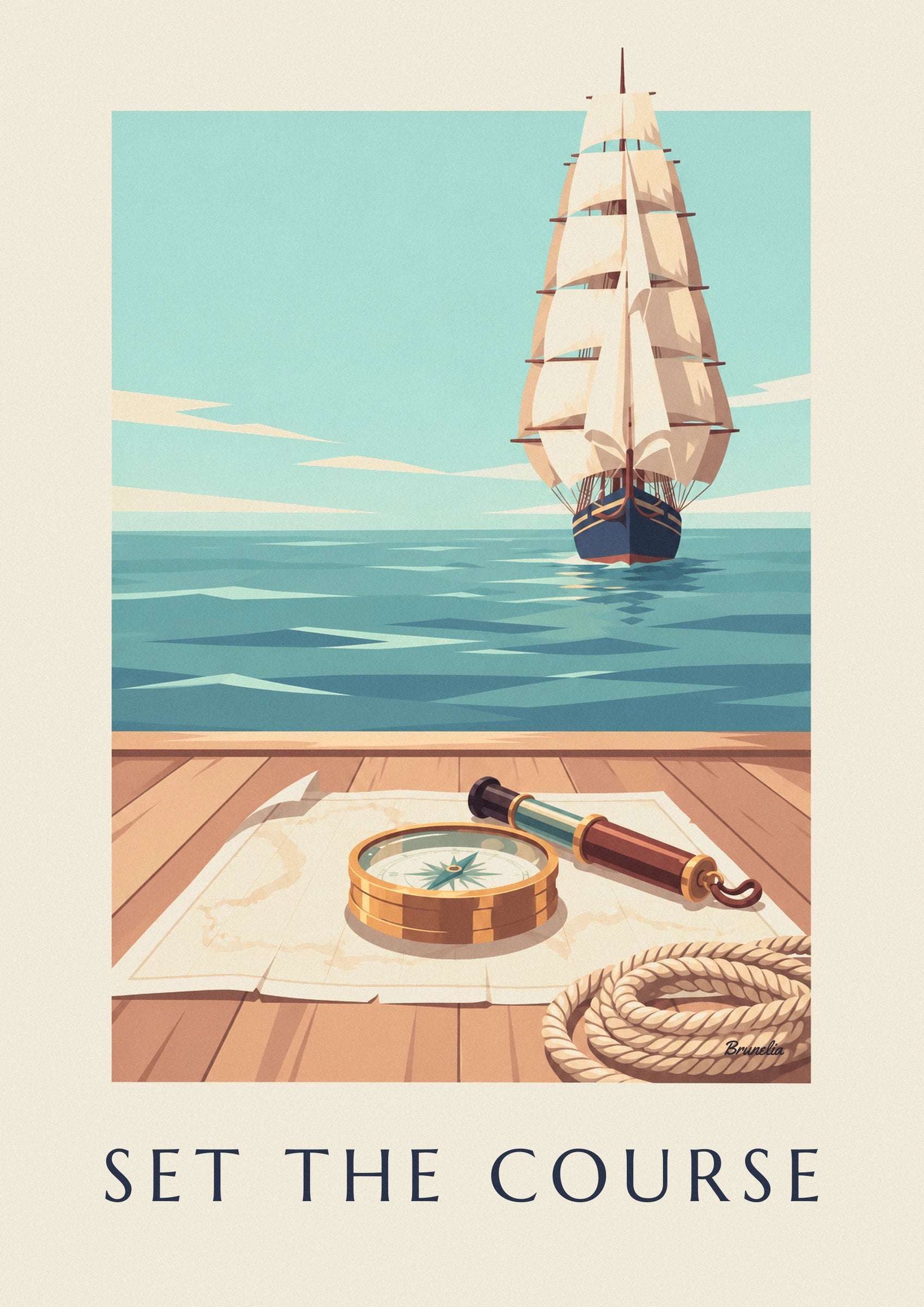 Poster bussola nautica in ottone su una carta nautica: dettaglio in primo piano