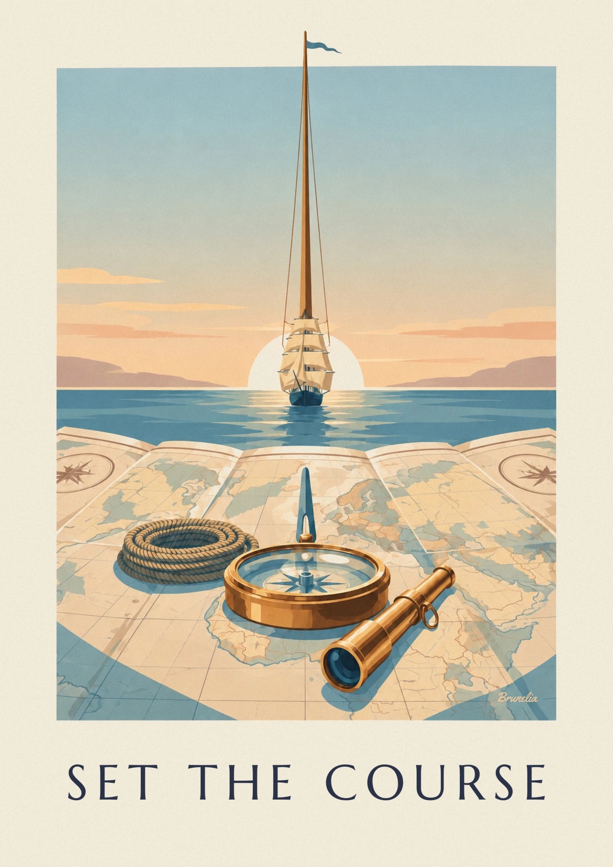 Affiche compas nautique en laiton sur une carte marine