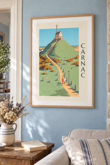 Poster of the Saint-Michel tumulus and its white chapel in Carnac: framed on the wall