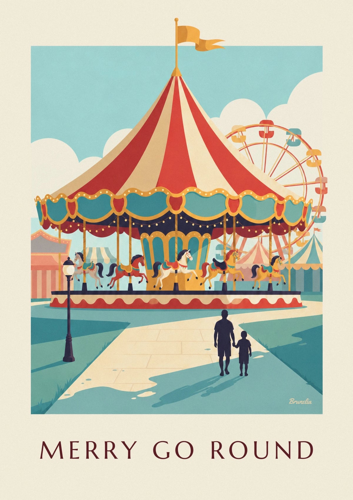 Illuminated fairground carousel at dusk poster