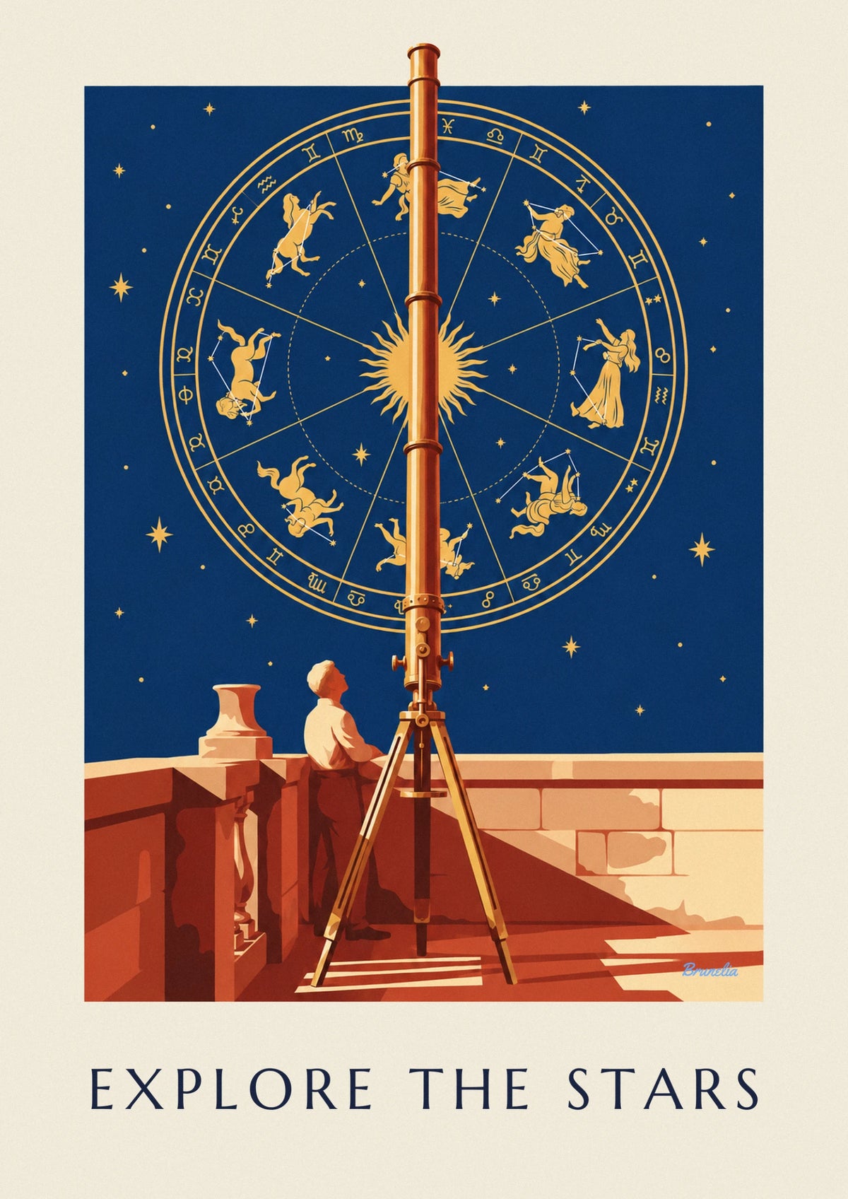 Celestial map, constellations and brass telescope poster