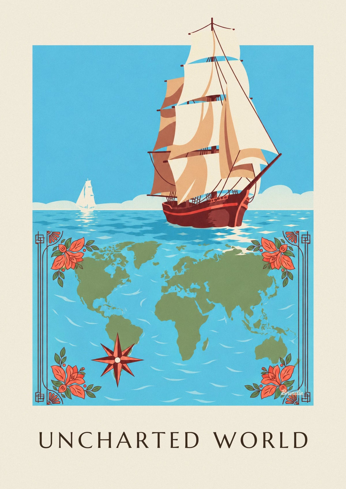 Affiche carte du monde des explorateurs, voiliers et rose des vents