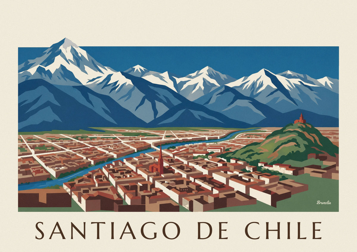 Poster mappa illustrata di Santiago del Cile e delle Ande