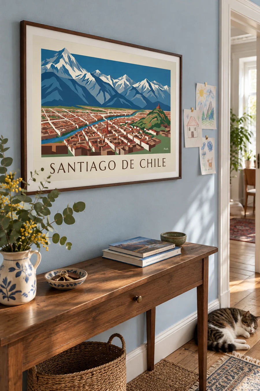 Poster con mappa illustrata di Santiago del Cile e delle Ande: incorniciato alla parete