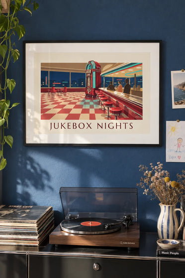 Poster of a glowing jukebox in an American diner: framed on the wall