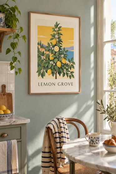 Poster con tavola botanica del limone in fiore e in frutto: incorniciato alla parete