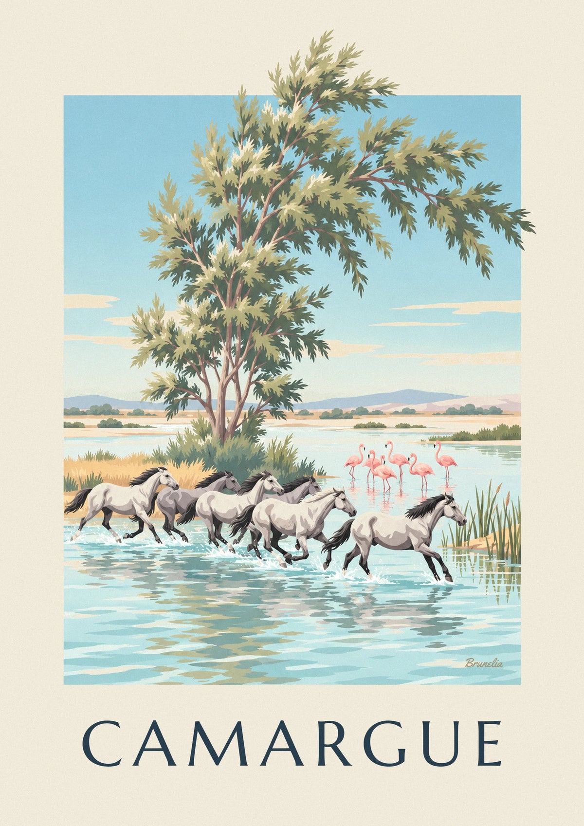 Poster cavalli della Camargue al galoppo nelle paludi