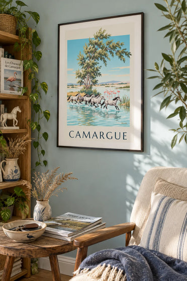 Poster cavalli della Camargue al galoppo nelle paludi: incorniciato al muro