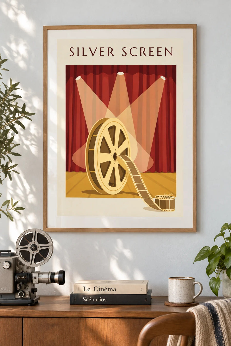 Poster bobina di pellicola dorata davanti a un sipario di velluto rosso: incorniciato alla parete