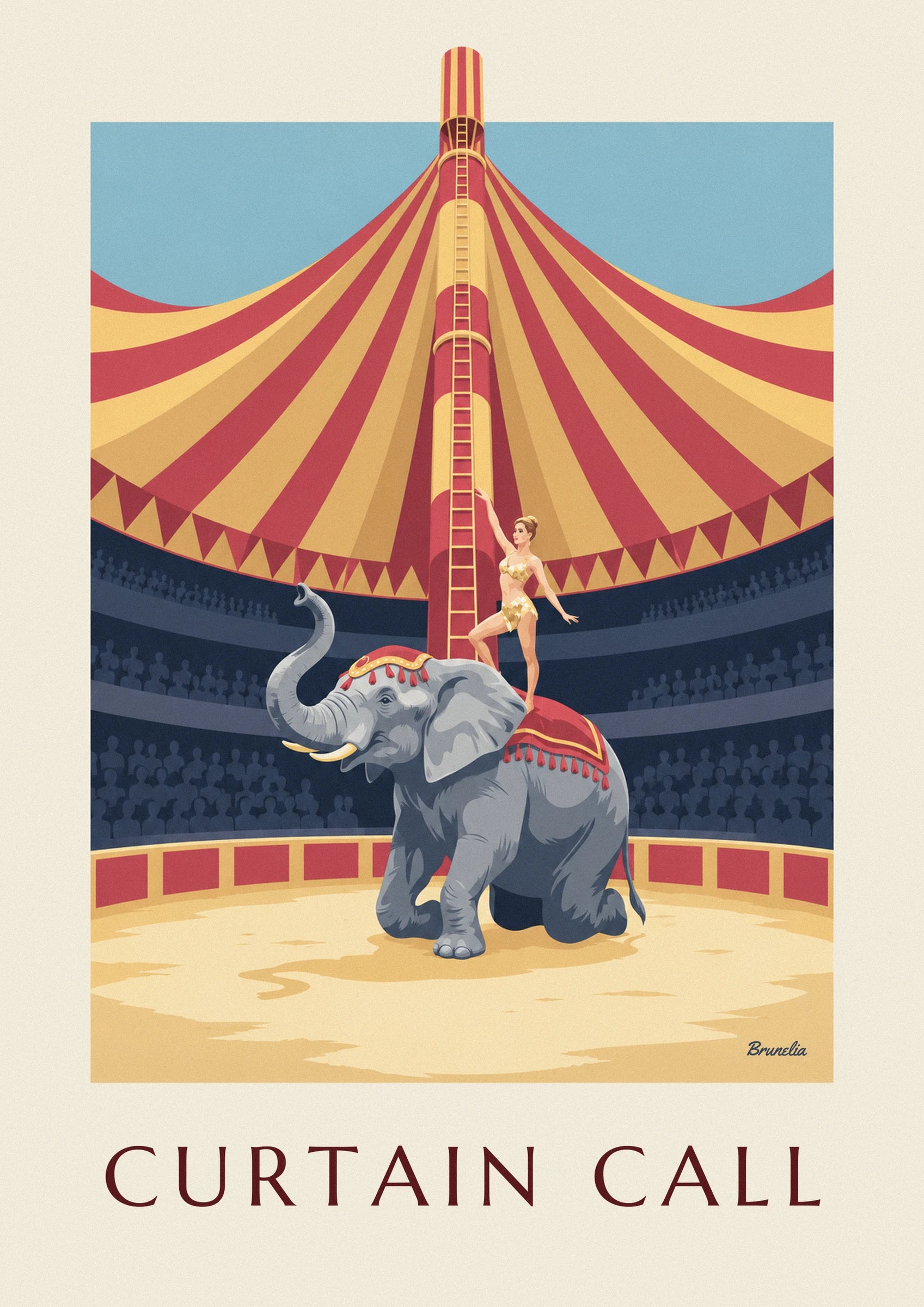 The kneeling grey elephant with its trunk raised and the acrobat in gold standing on its red blanket