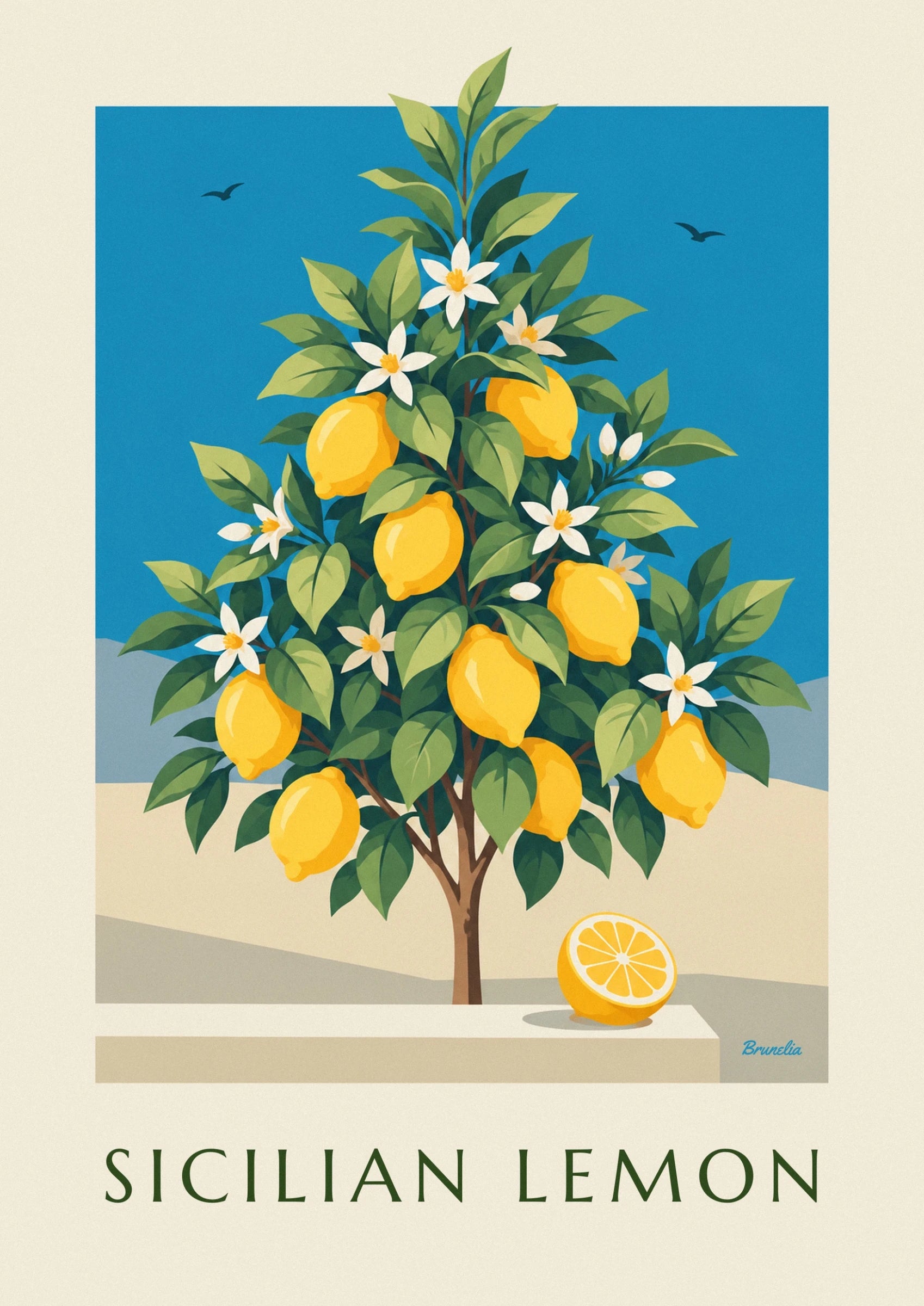 I limoni maturi tra foglie verdi e fiori bianchi su un cielo azzurro