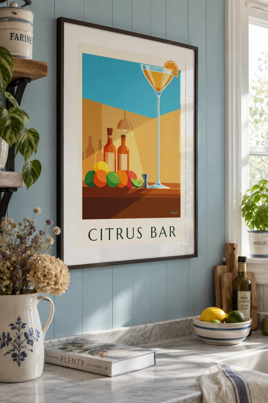 Poster di cocktail bar, coppa di cristallo e agrumi: incorniciato alla parete