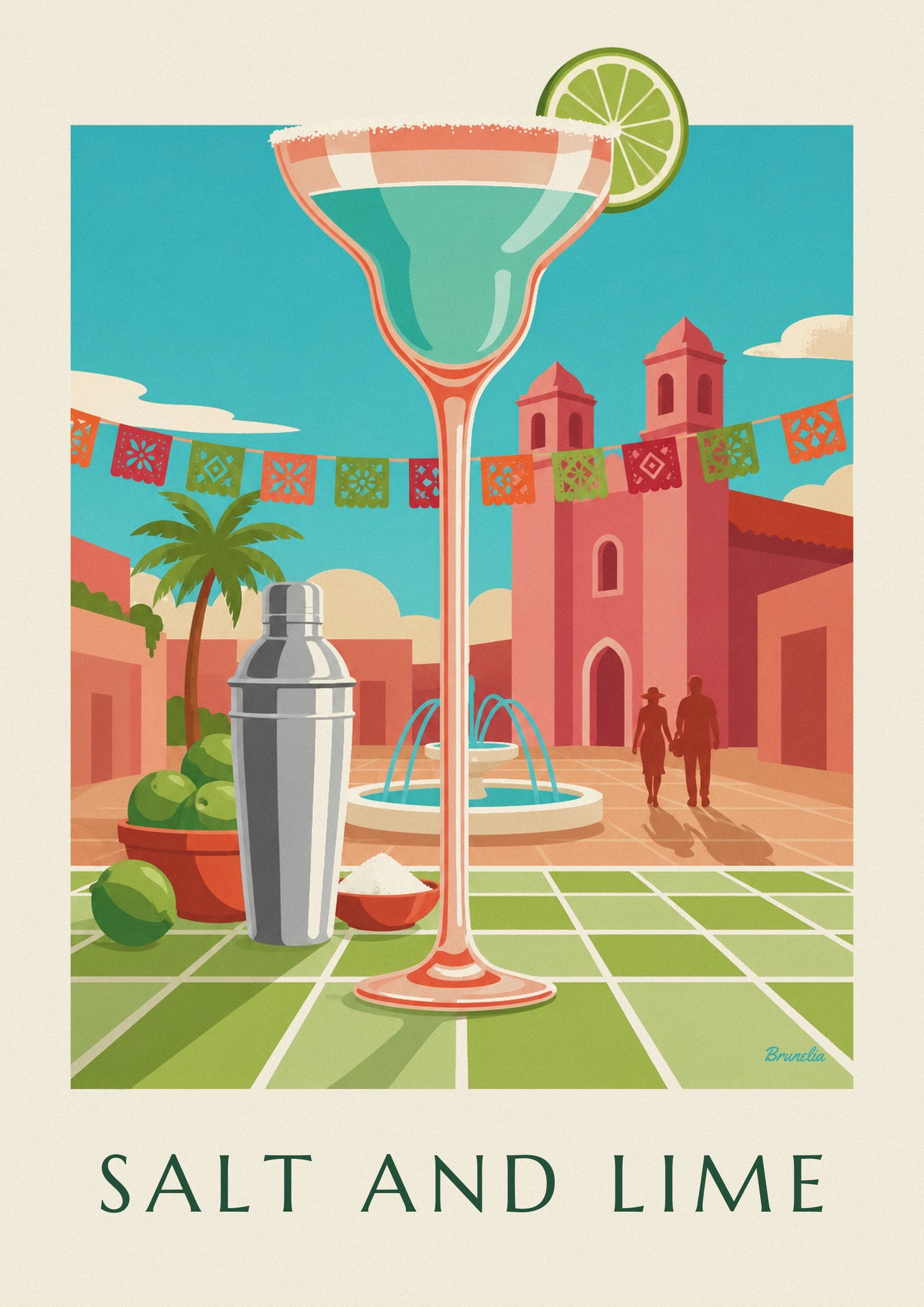 Le verre de margarita au long pied orangé devant les fanions colorés de la cantina