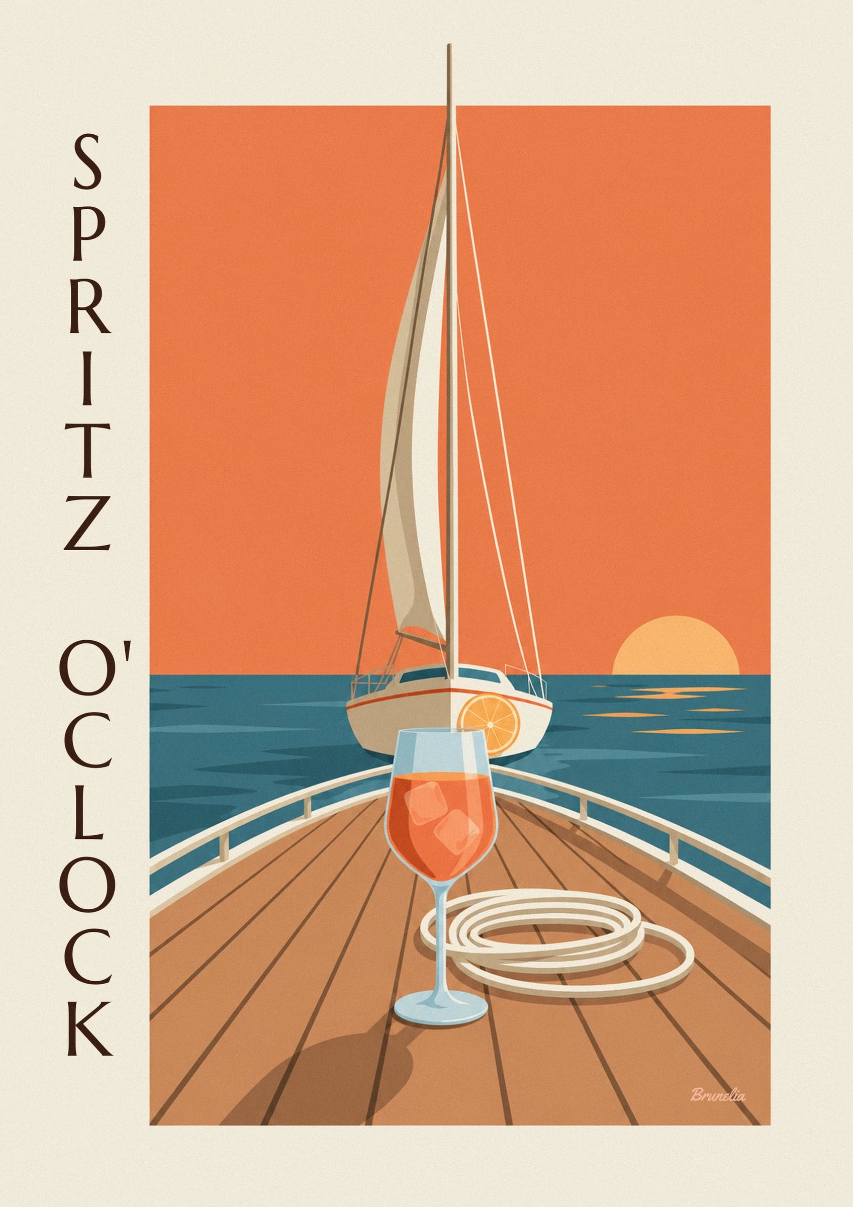 Poster spritz sul ponte di una barca a vela al tramonto: dettaglio in primo piano