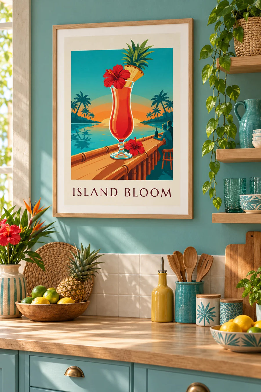 Poster cocktail tropicale all'ibisco su un bar sulla spiaggia: incorniciato a parete
