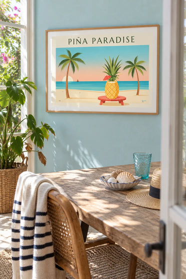 Poster of a piña colada cocktail served in a pineapple on the beach: framed on the wall