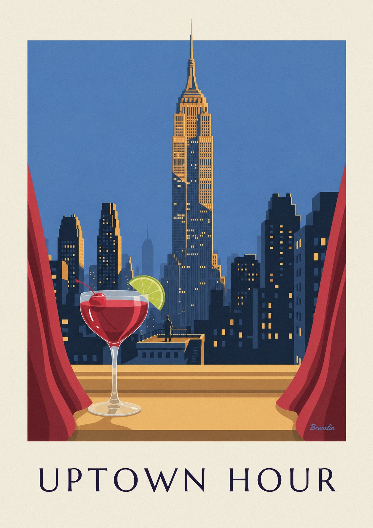 Red cherry cocktail facing the Empire State Building poster