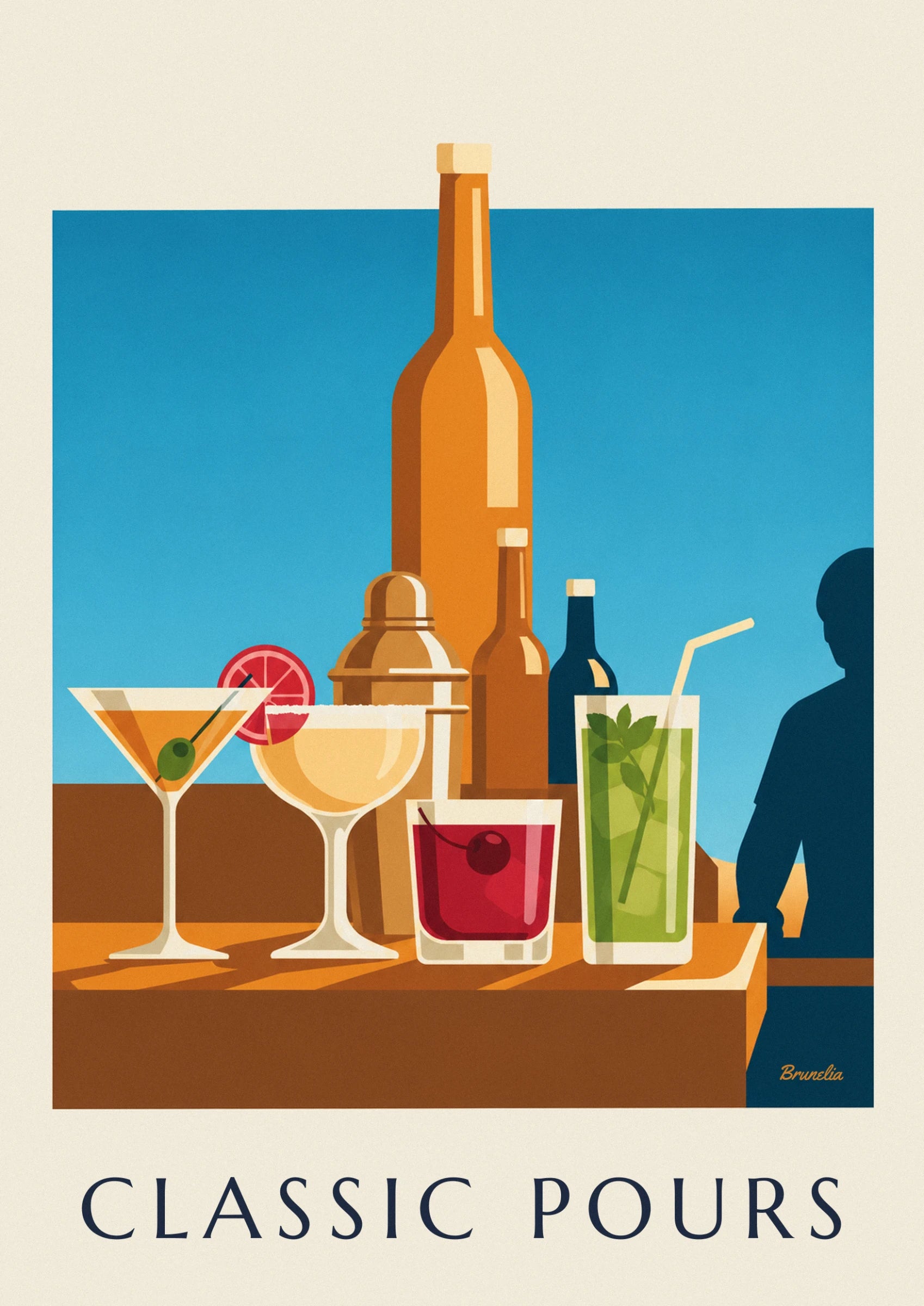 Un verre rouge à la cerise et un mojito à la menthe, devant les bouteilles du bar