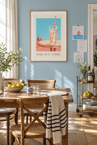 Iced coffee in a tall glass on a café terrace poster: framed on the wall