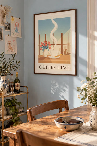 Poster of a steaming coffee cup and flowers by the window: framed on the wall
