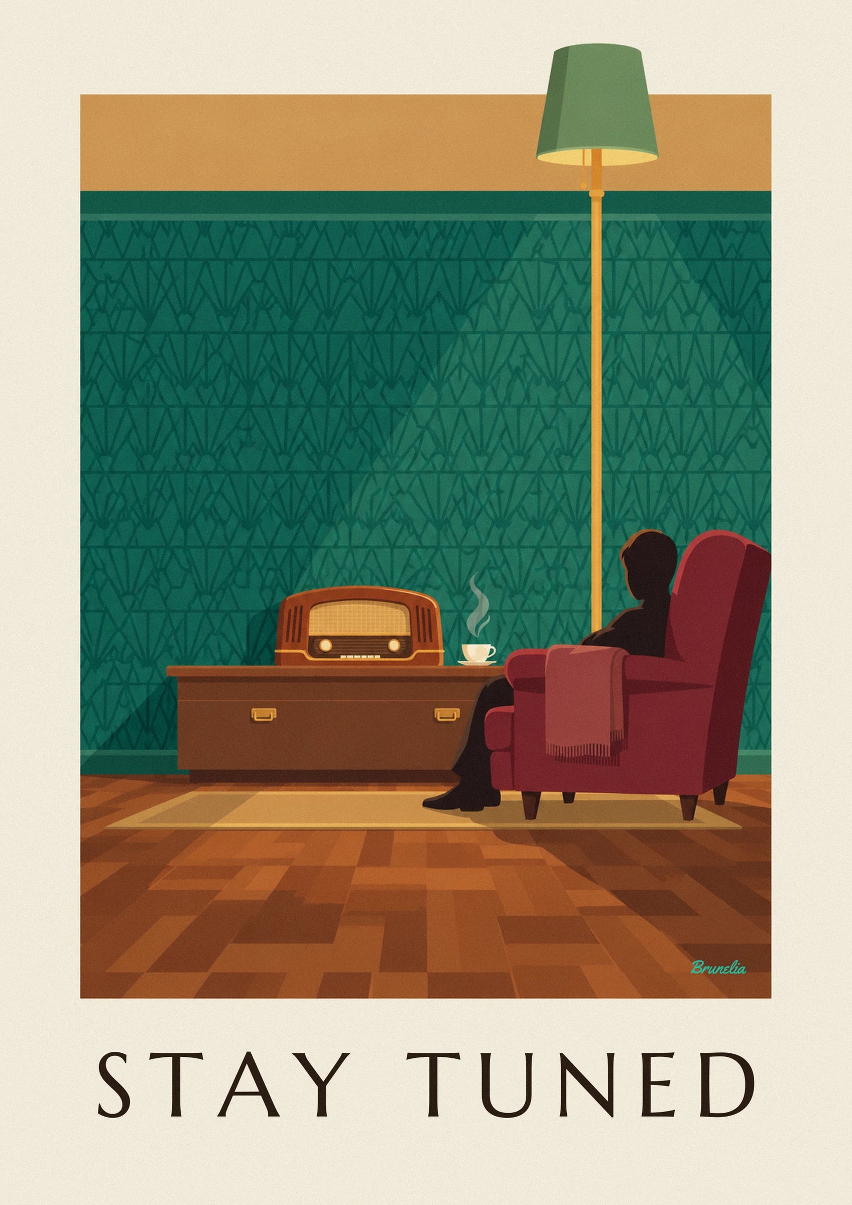 A figure sitting in a red armchair, with a fringed throw over the armrest