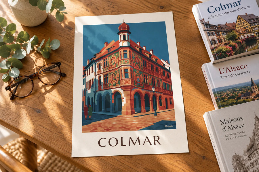 Poster della Maison Pfister e della sua galleria in legno intagliato a Colmar: appoggiato su un tavolo
