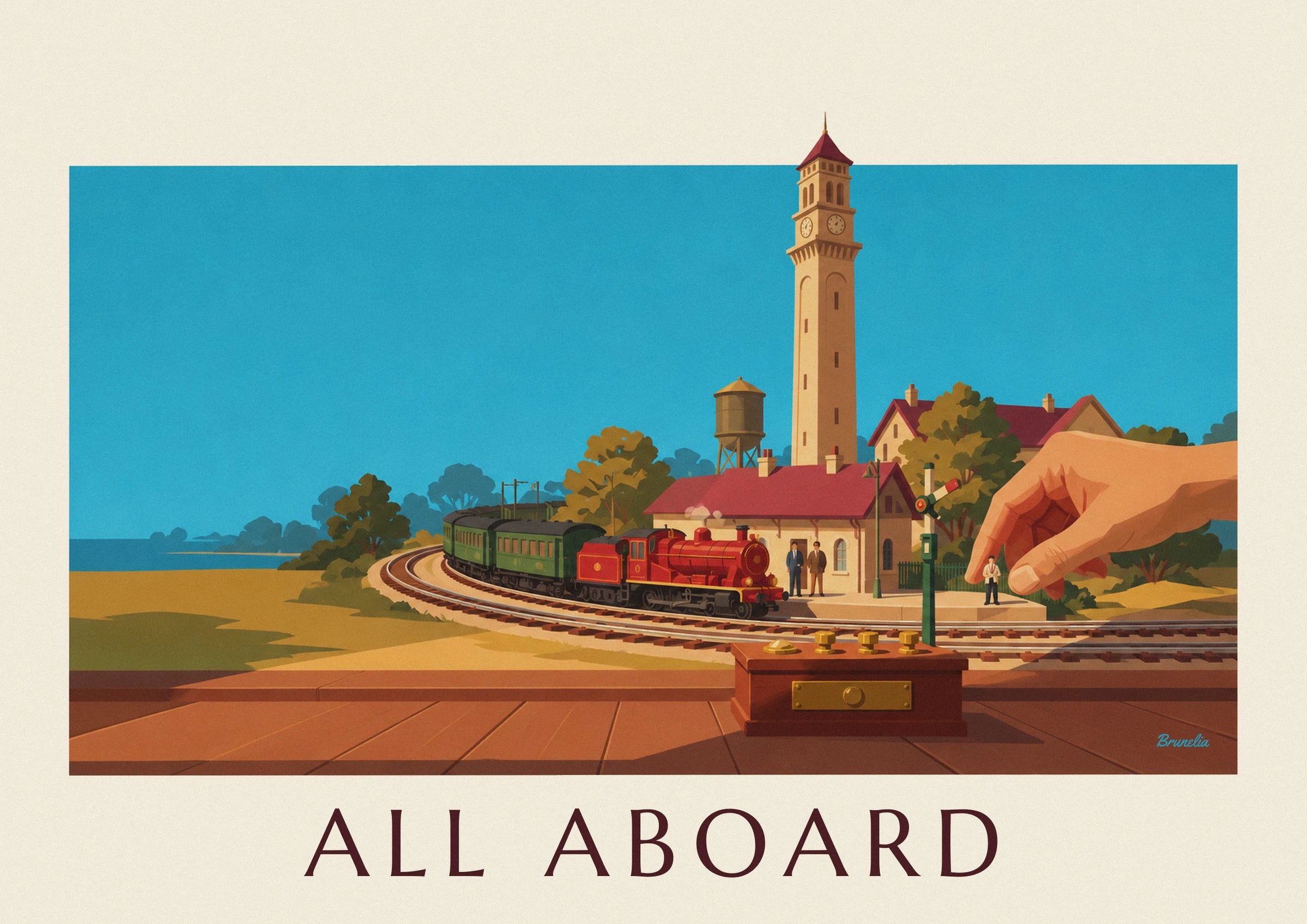 Poster trenino elettrico in miniatura e la sua stazione di modellismo: dettaglio in primo piano