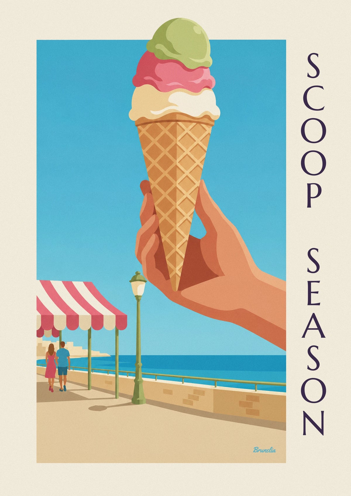Affiche cornet de glace à 3 boules en bord de mer