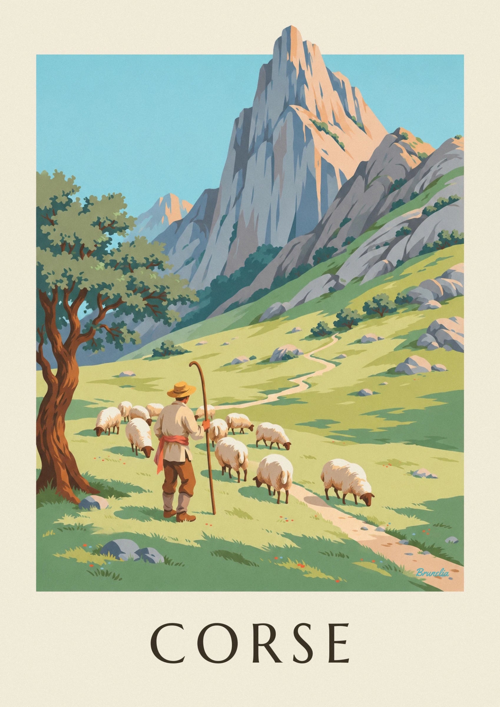 The shepherd in a straw hat with his long crook and sheep in the grass