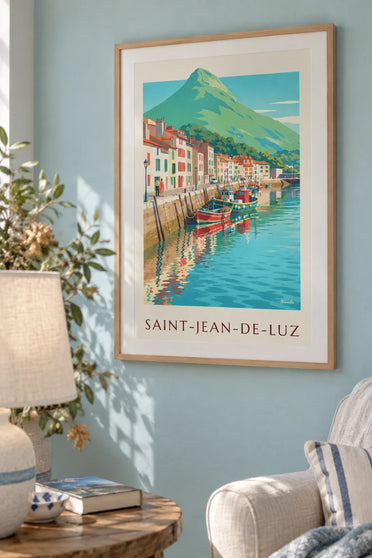 Poster of the Saint-Jean-de-Luz fishing port and La Rhune: framed on the wall