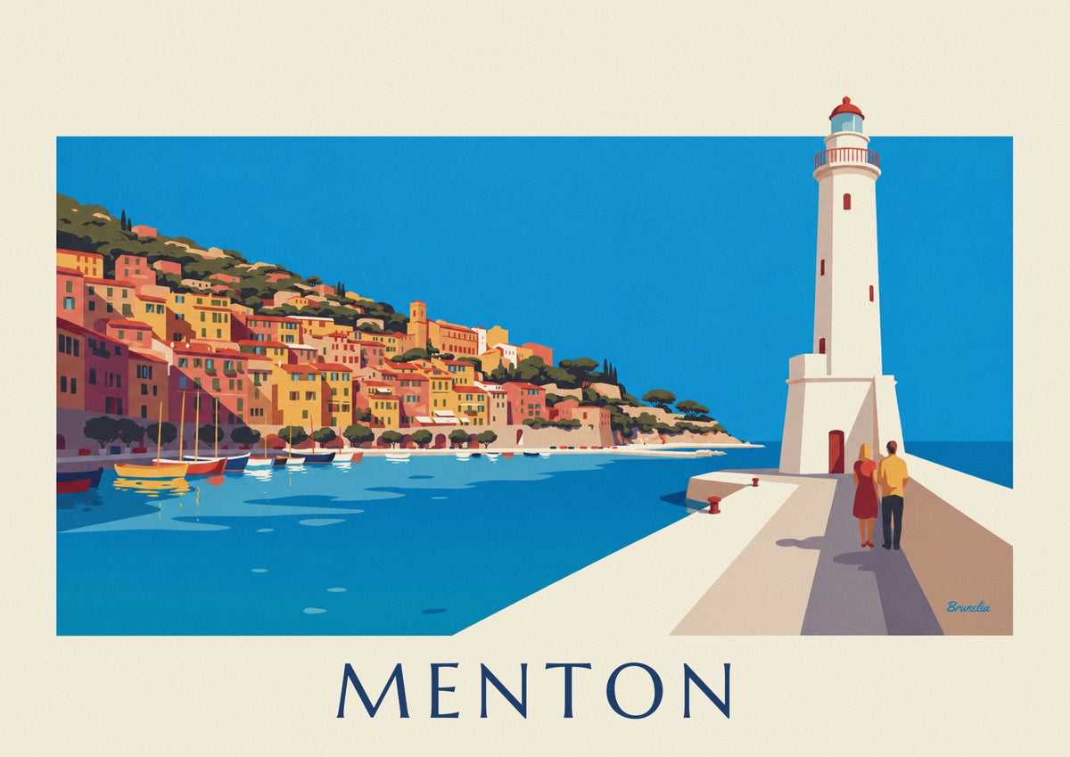 Menton colorful facades from the harbor pier poster