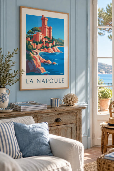 Affiche château de la Napoule au bord de la mer : encadrée au mur