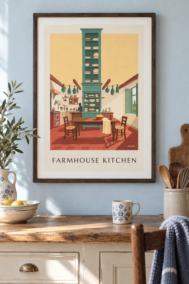 Poster cucina di campagna con il suo grande tavolo da fattoria: incorniciato alla parete