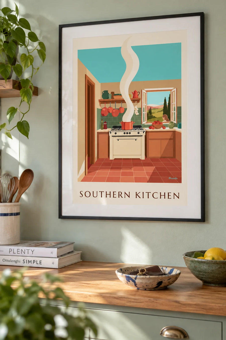 Poster cucina del Sud, ratatouille e pentole di rame: incorniciato alla parete