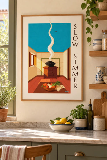 Poster pot-au-feu fumante nella sua pentola di ghisa: con cornice appeso al muro