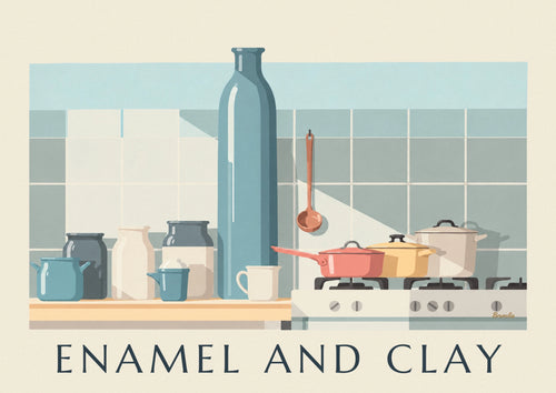 Poster of enameled pots and ceramic jars in the kitchen: the full poster