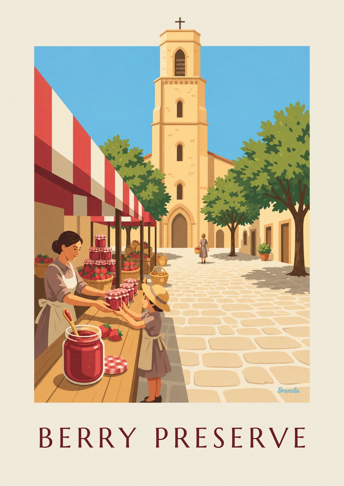 Strawberry jam jar at a village fair stall poster