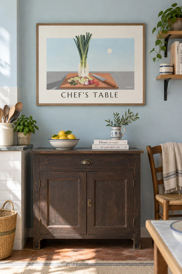 Cutting board, chef’s knife and fresh vegetables poster: framed on the wall