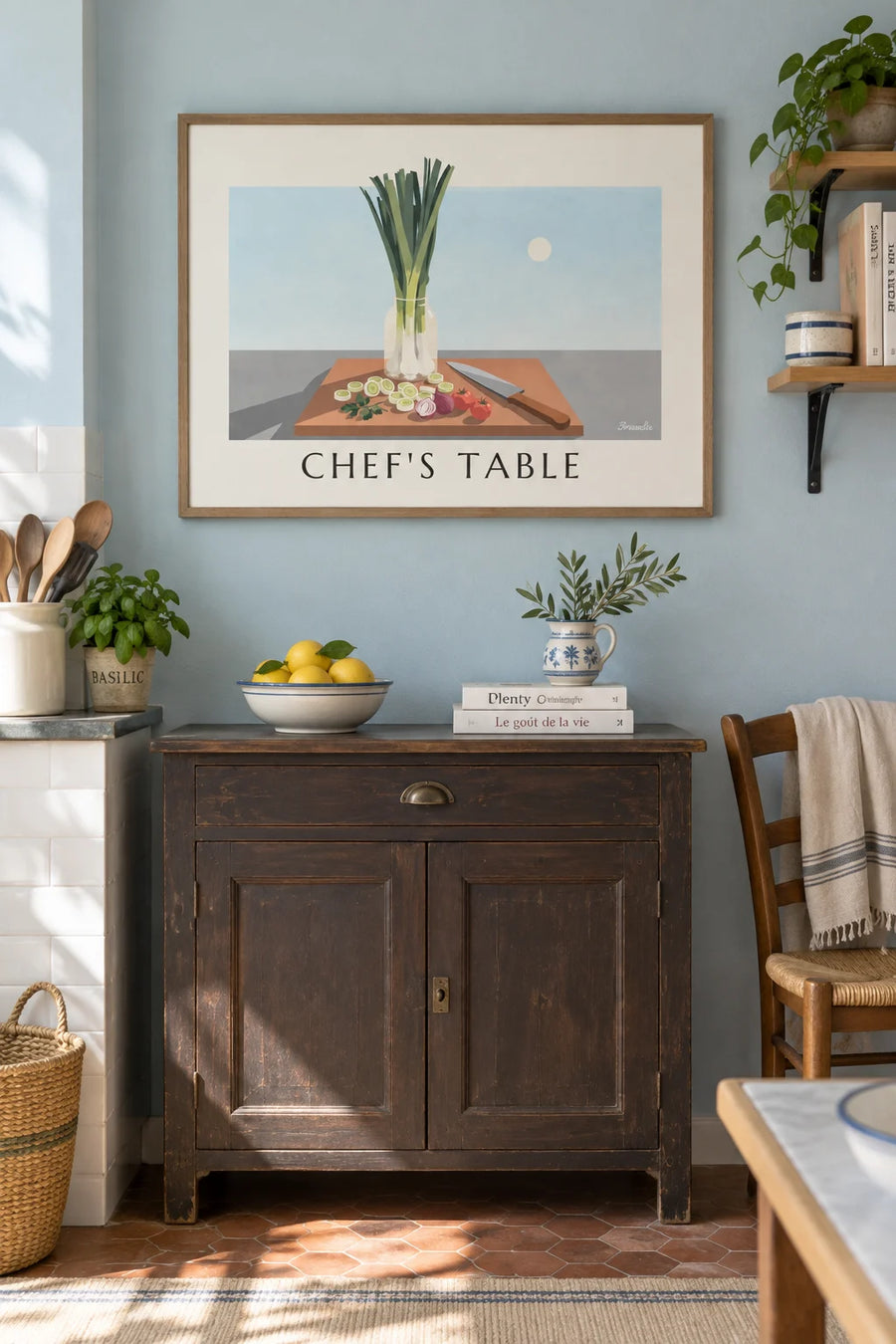 Cutting board, chef’s knife and fresh vegetables poster: framed on the wall