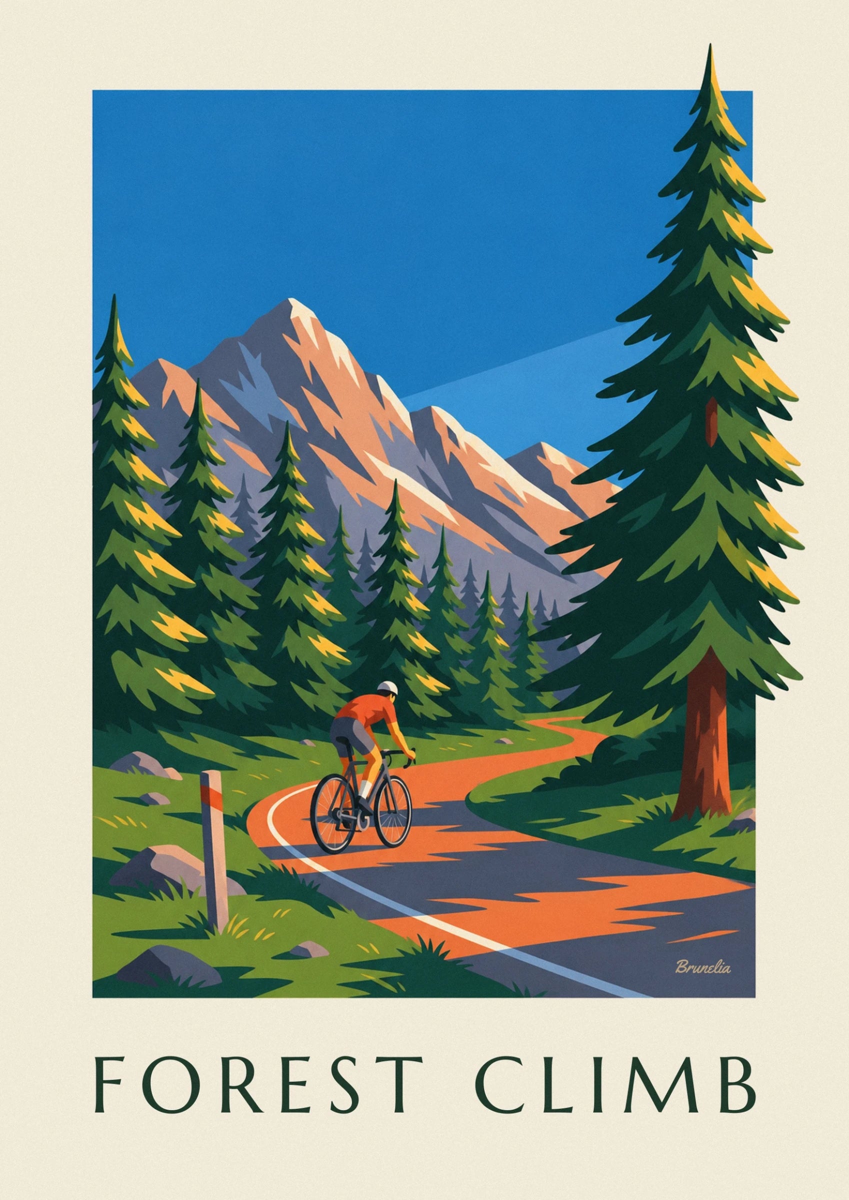 Il ciclista con la maglia arancione su una bici nera, mentre affronta una curva fiancheggiata da abeti