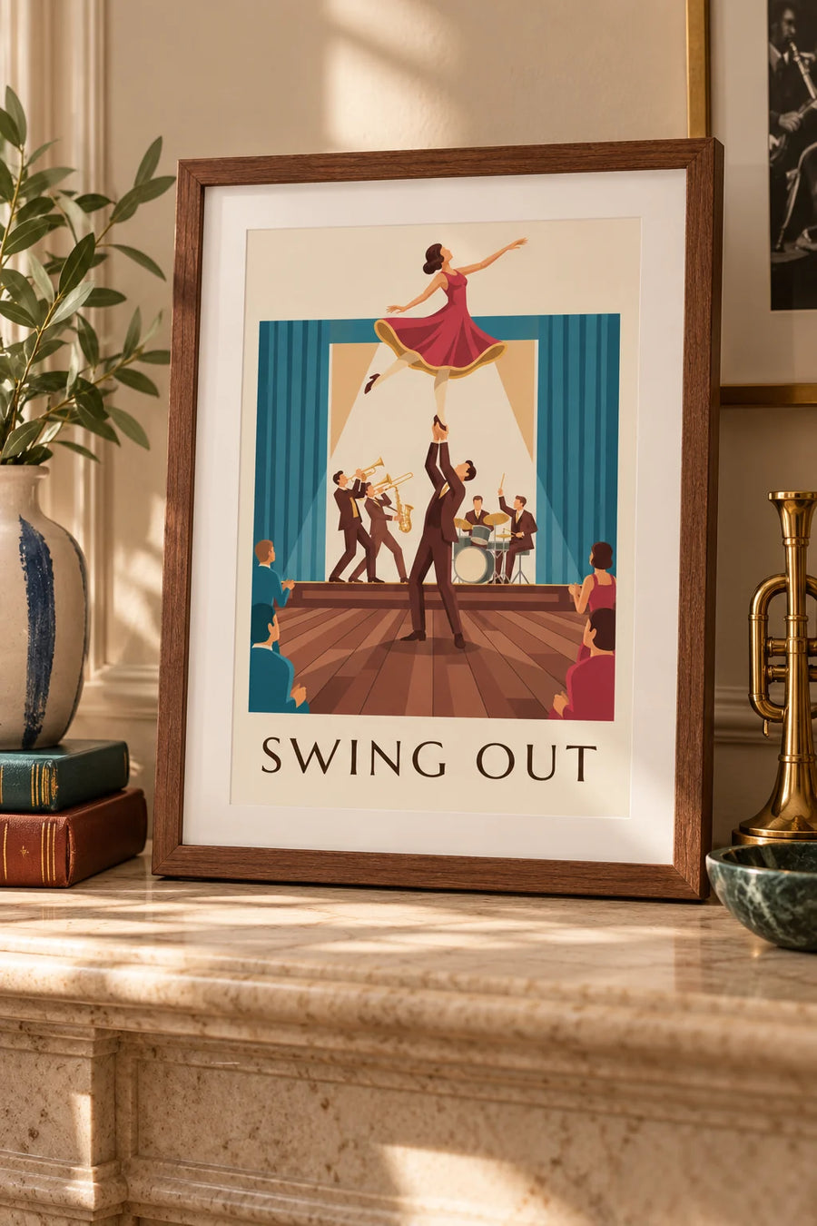 Affiche couple de danseurs de swing dans une salle de bal : petit format A4 encadré