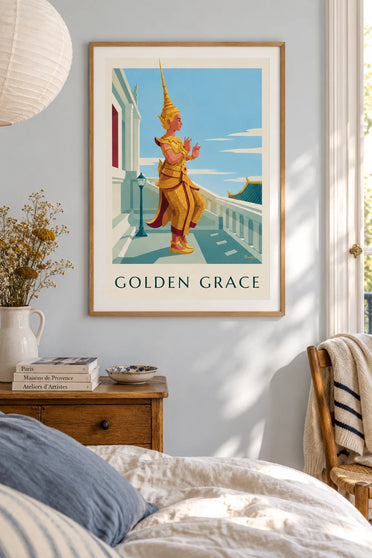 Affiche danseuse thaïlandaise en costume brodé d'or : encadrée au mur