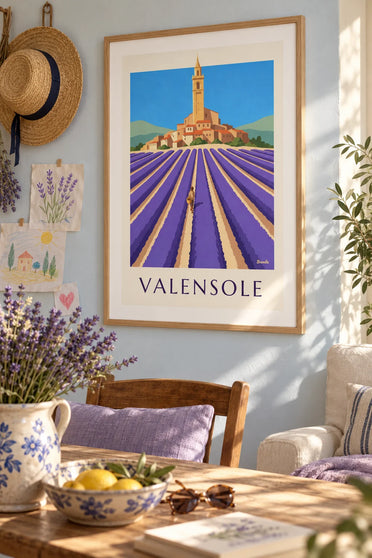 Poster of lavender rows and the hilltop village of Valensole: framed on the wall